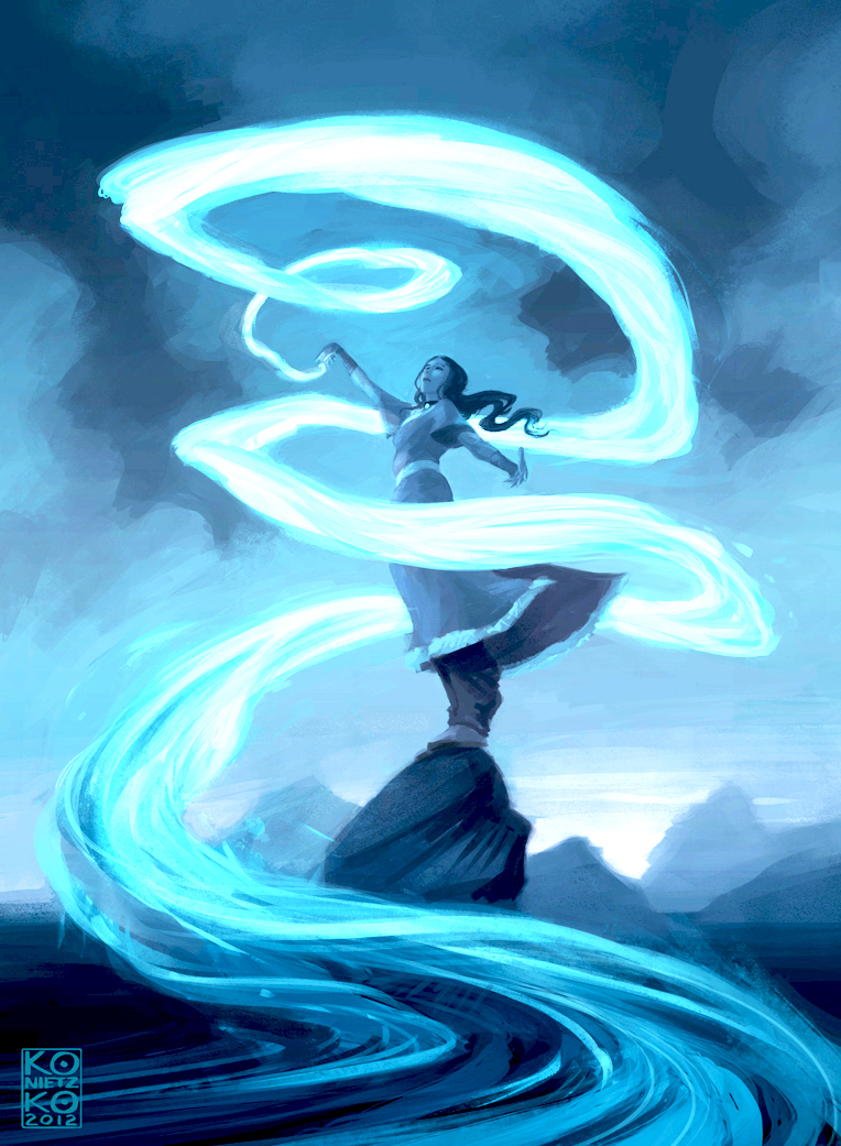 Airbender Girl swirling blue air into the sky