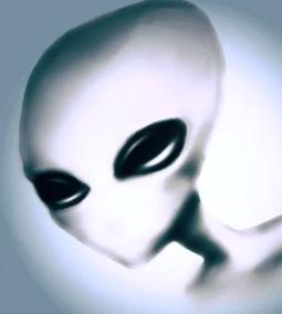 Glowing picture of grey alien with big black eyes